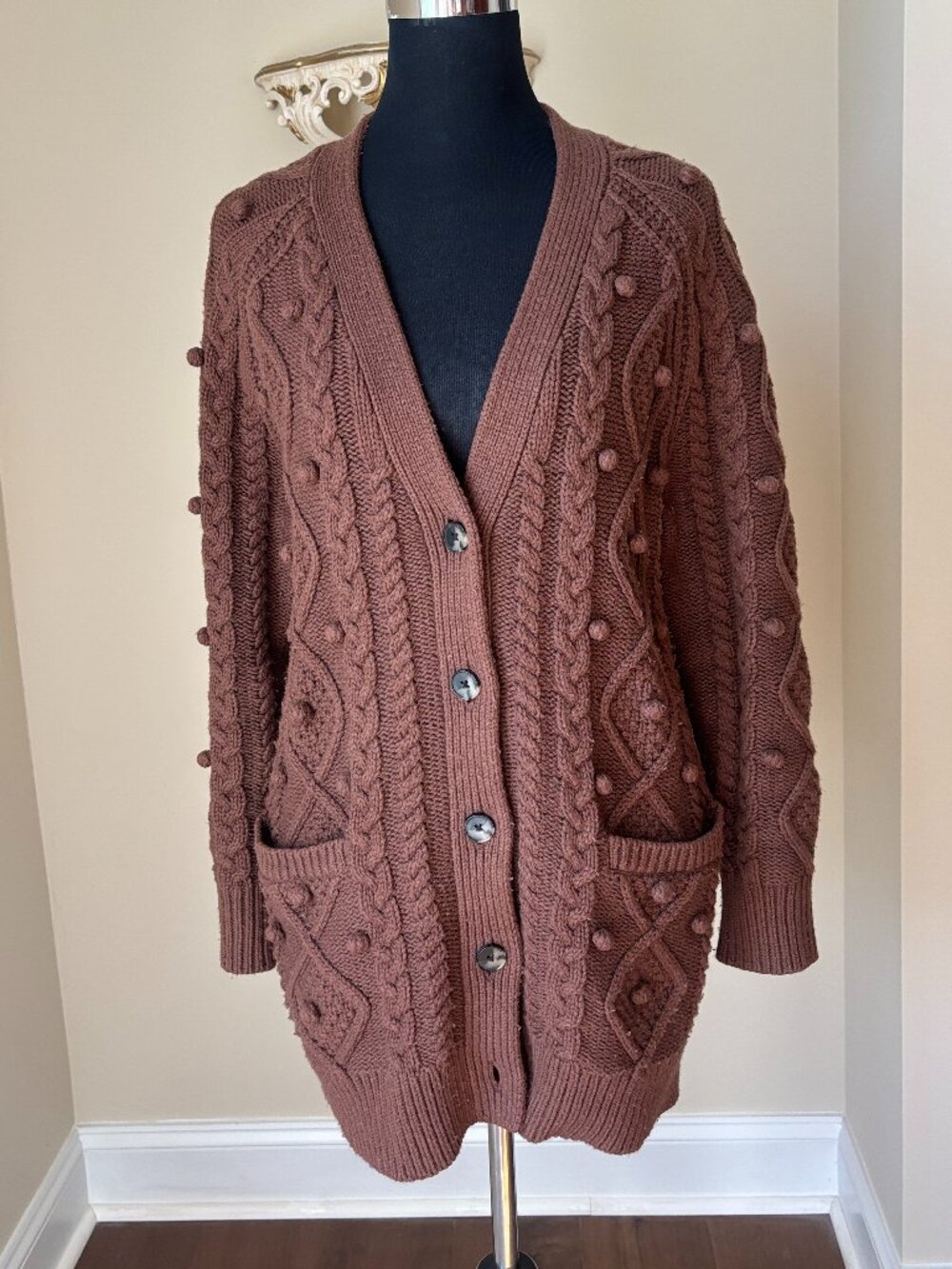 Aritzia Wilfred Chocolate-Brown Cable Knit Cardigan with Pockets